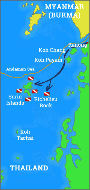 Map of the scuba diving/snorkel destinations with the Surin Islands, Richelieu Rock, Koh Tcahai, Koh Phayam, Koh Chang Noi and Ranong in Southern Thailand